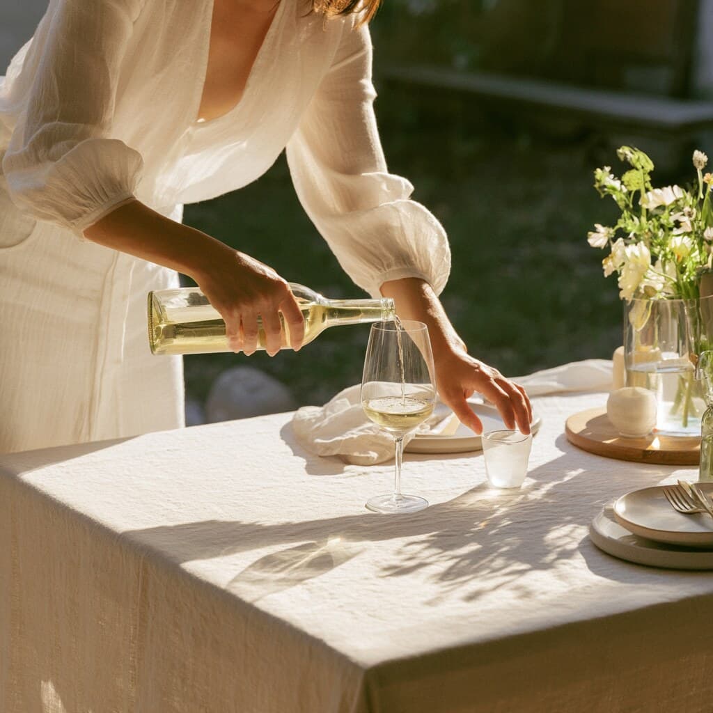 Pouring wine at a table set for a toast